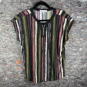 Sweet Violet Shirt Womens Large‎ Multicolor Stripe Zip Neck Short Sleeve Stretch